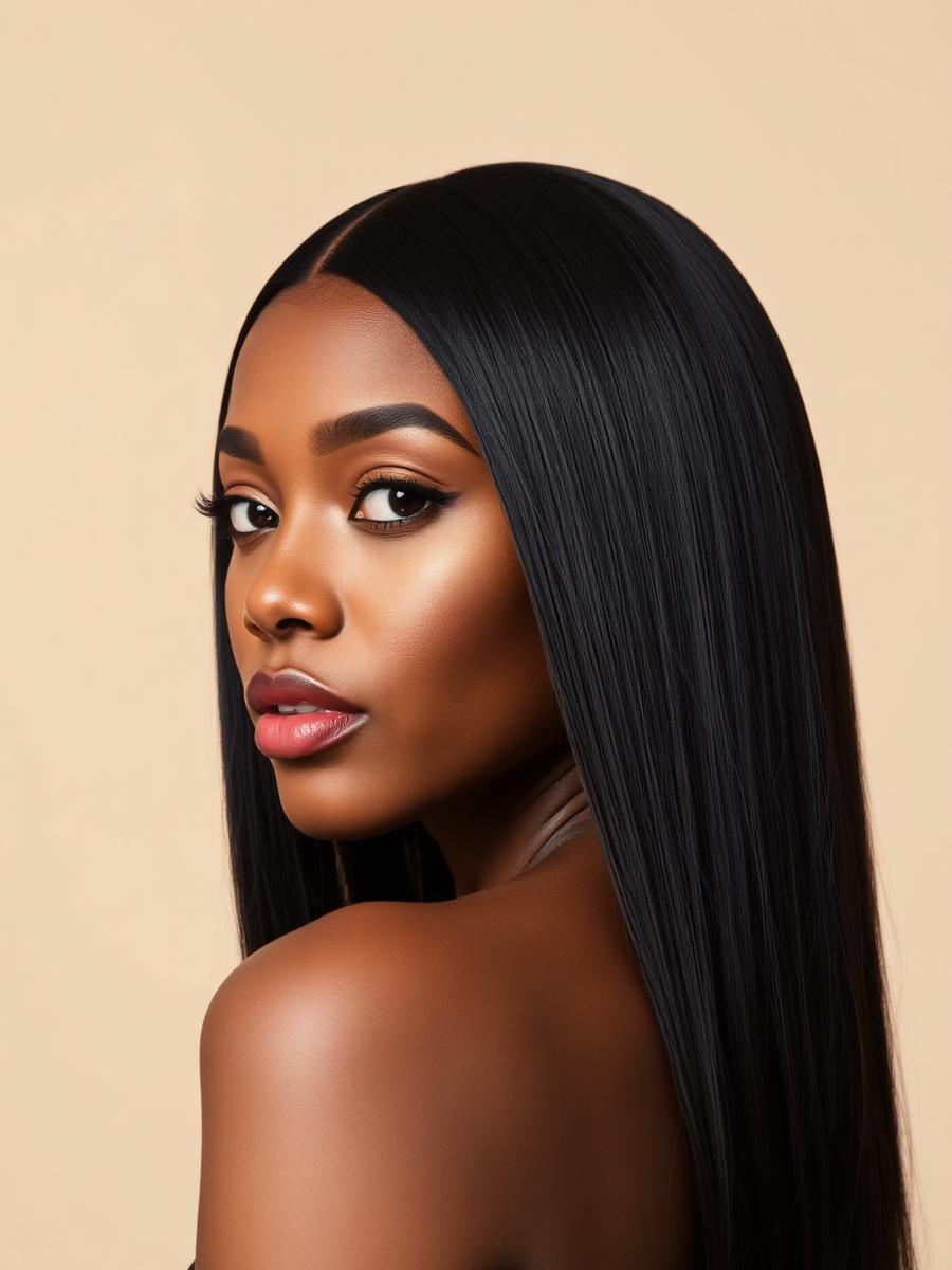Bone-straight install with a sleek middle part